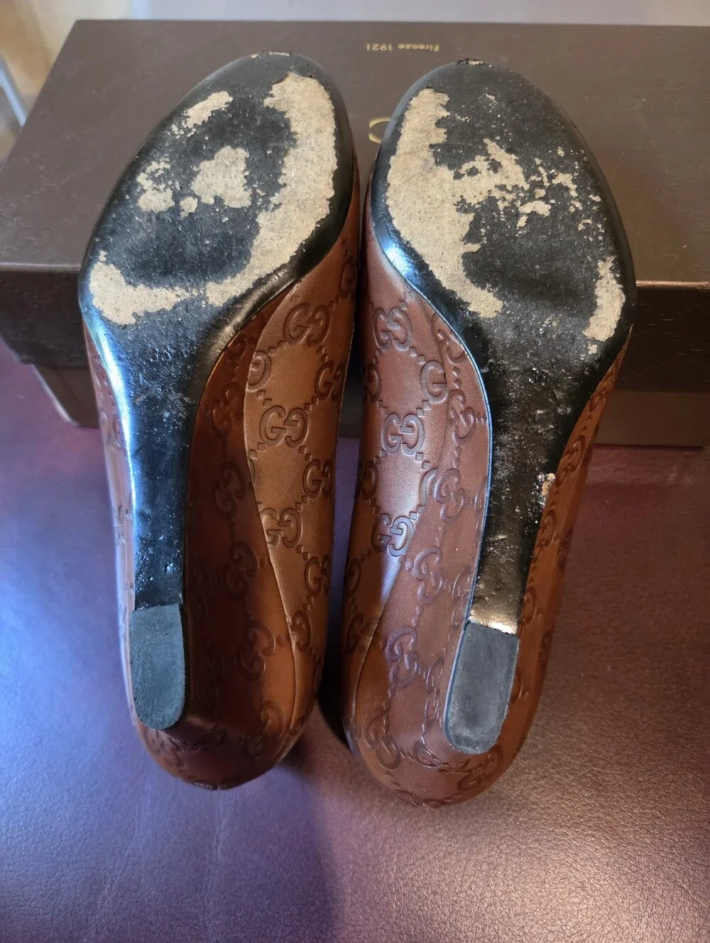 GUCCI Brown Leather GG Logo Wedge Pumps Shoes Women Size 38 US 7.5